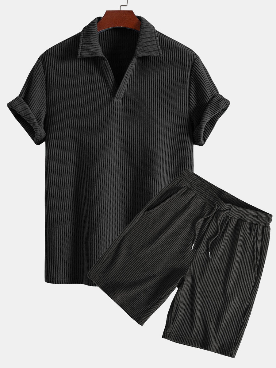 Short Sleeved Waffle V-neck Polo & Drawstring Knitted Waffle Shorts