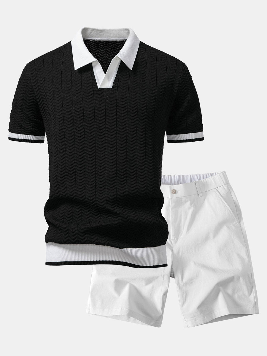 Texture Contrast Knitted V Neck Polo Shirt & Elastic Waist Chino Shorts