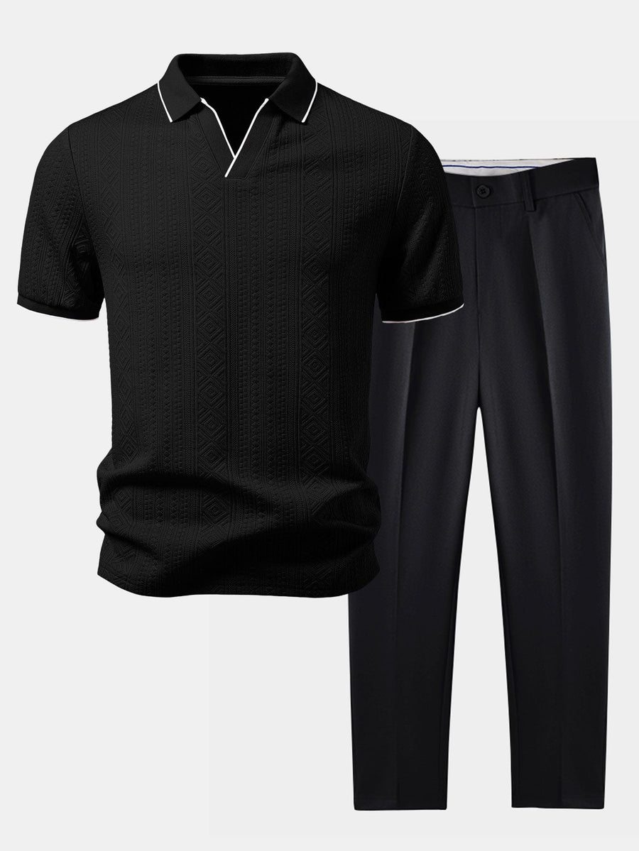 Geometric Jacquard V Neck Polo & Slim Fit Tapered Trousers