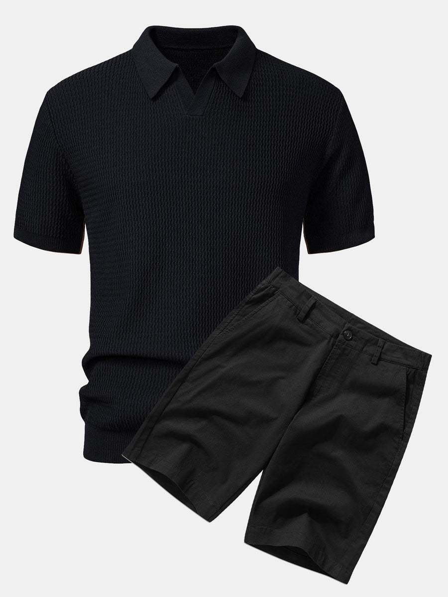 Wave Jacquard Knit V Neck Polo Shirt & Cotton Chino Shorts