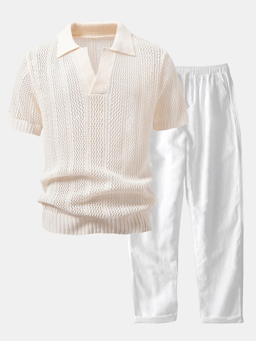 Relax Fit Crochet V Neck Knit Polo & Straight Leg Linen Pants