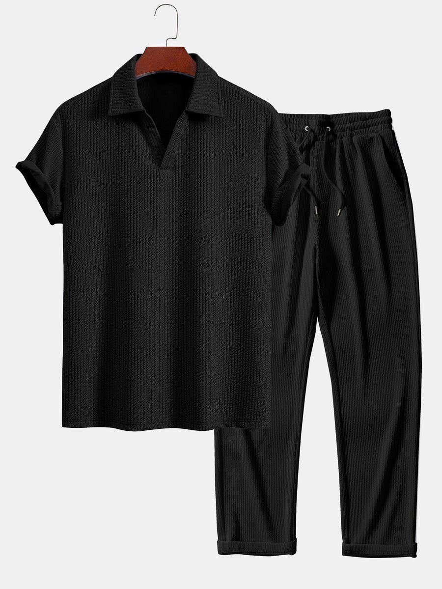 Short Sleeved V-Neck Ribbed Polo & Straight Leg Ribbed Pants