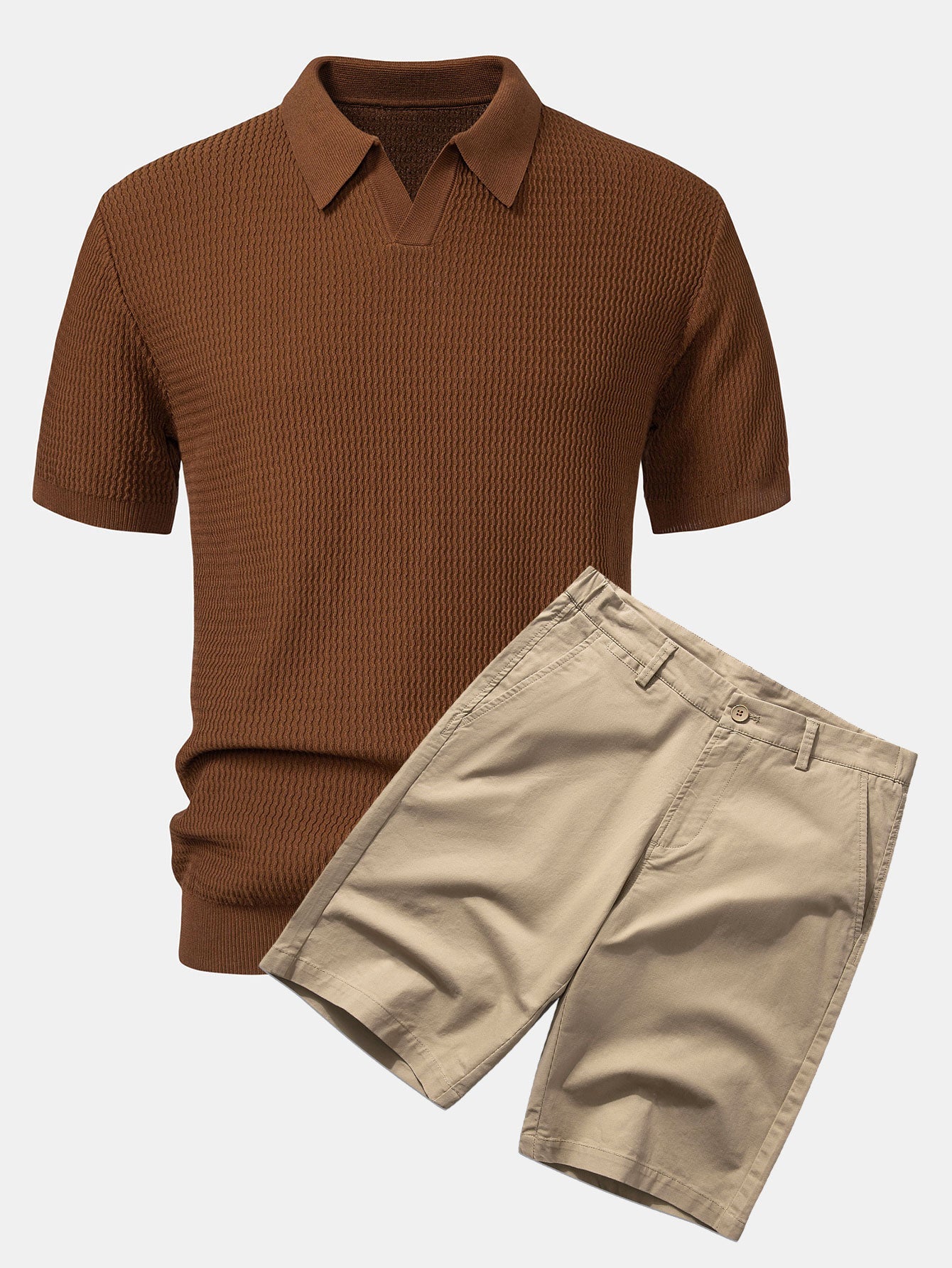 Wave Jacquard Knit V Neck Polo Shirt & Cotton Chino Shorts
