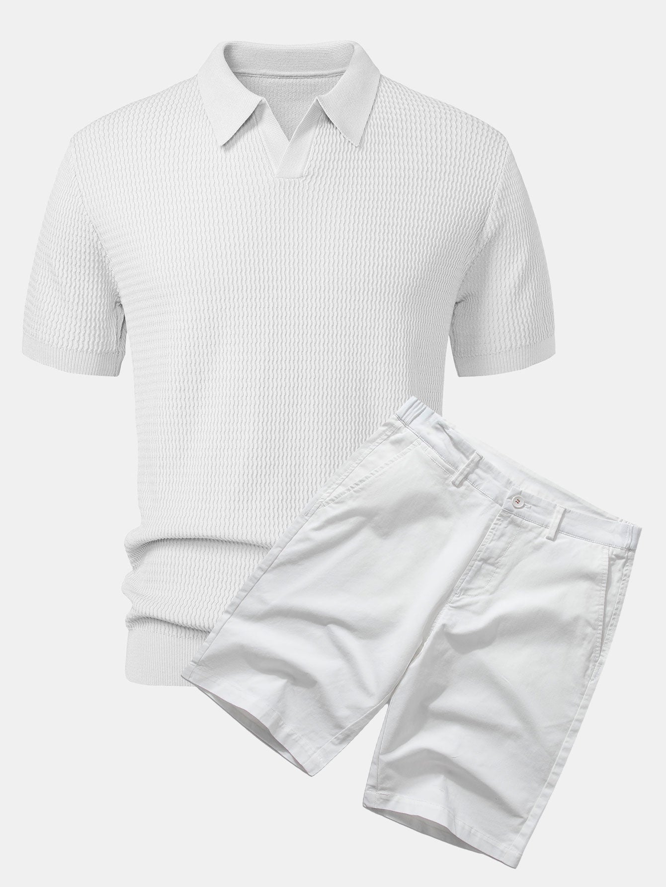 Wave Jacquard Knit V Neck Polo Shirt & Cotton Chino Shorts