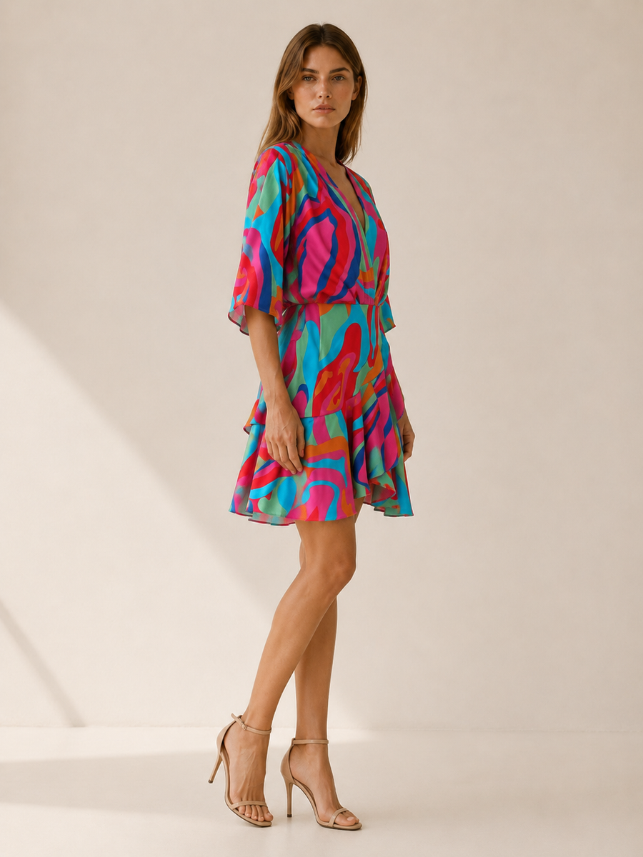 Aveline | Printed Mini Dress with Batwing Sleeves and Tie Waist