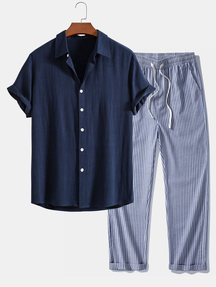 Linen Rayon Blend Button Up Shirt & Linen Look Stripe Straight Leg Pants