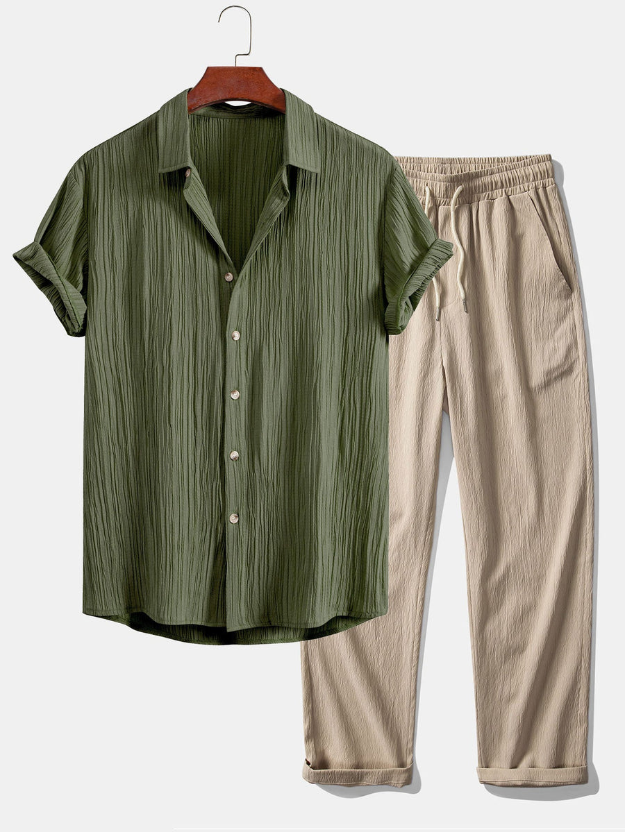 Crinkled Textured Button Up Shirt & Crinkle Textured Straight Leg Pants
