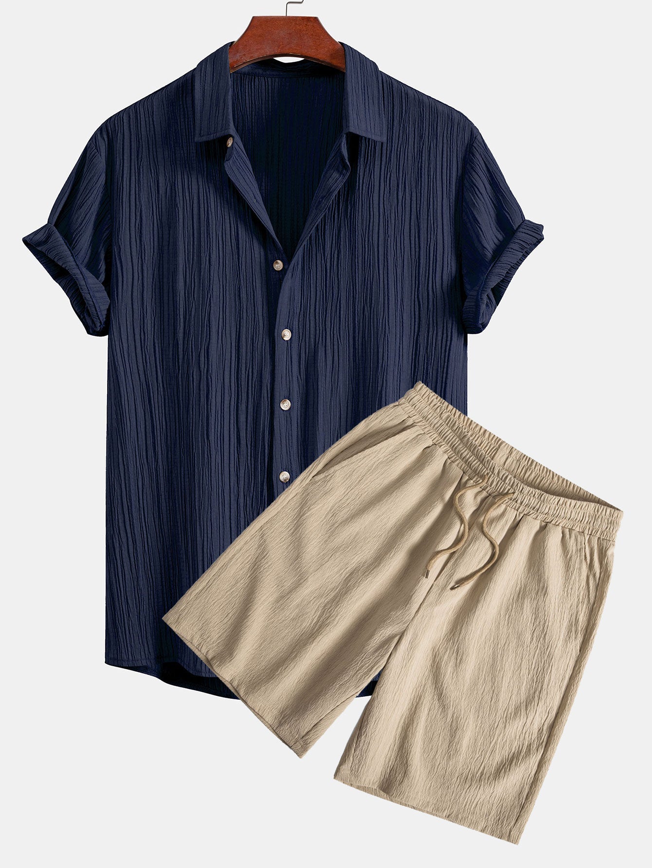 Crinkled Textured Button Up Shirt & Crinkled Textured Drawstring Shorts
