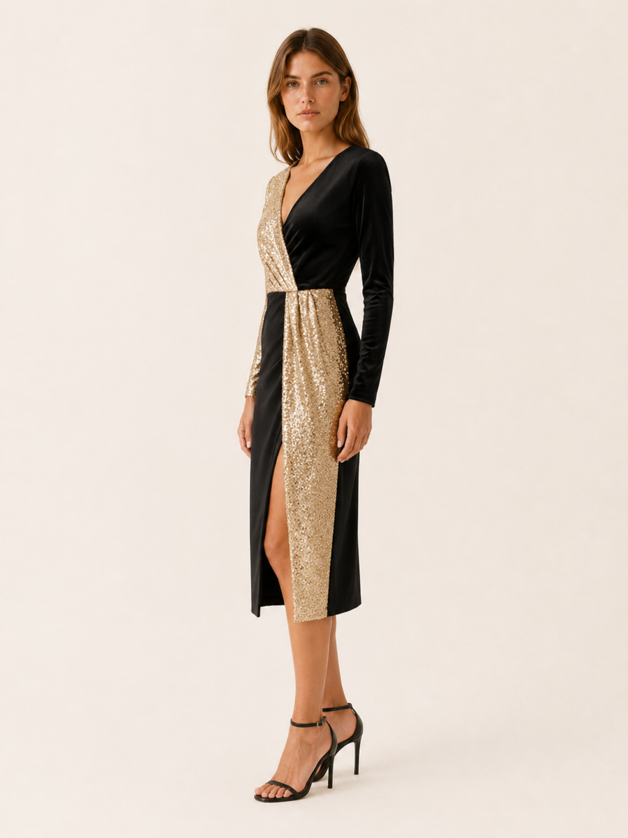 Ciana | Sequin Midi Dress with V Neck and Side Slit