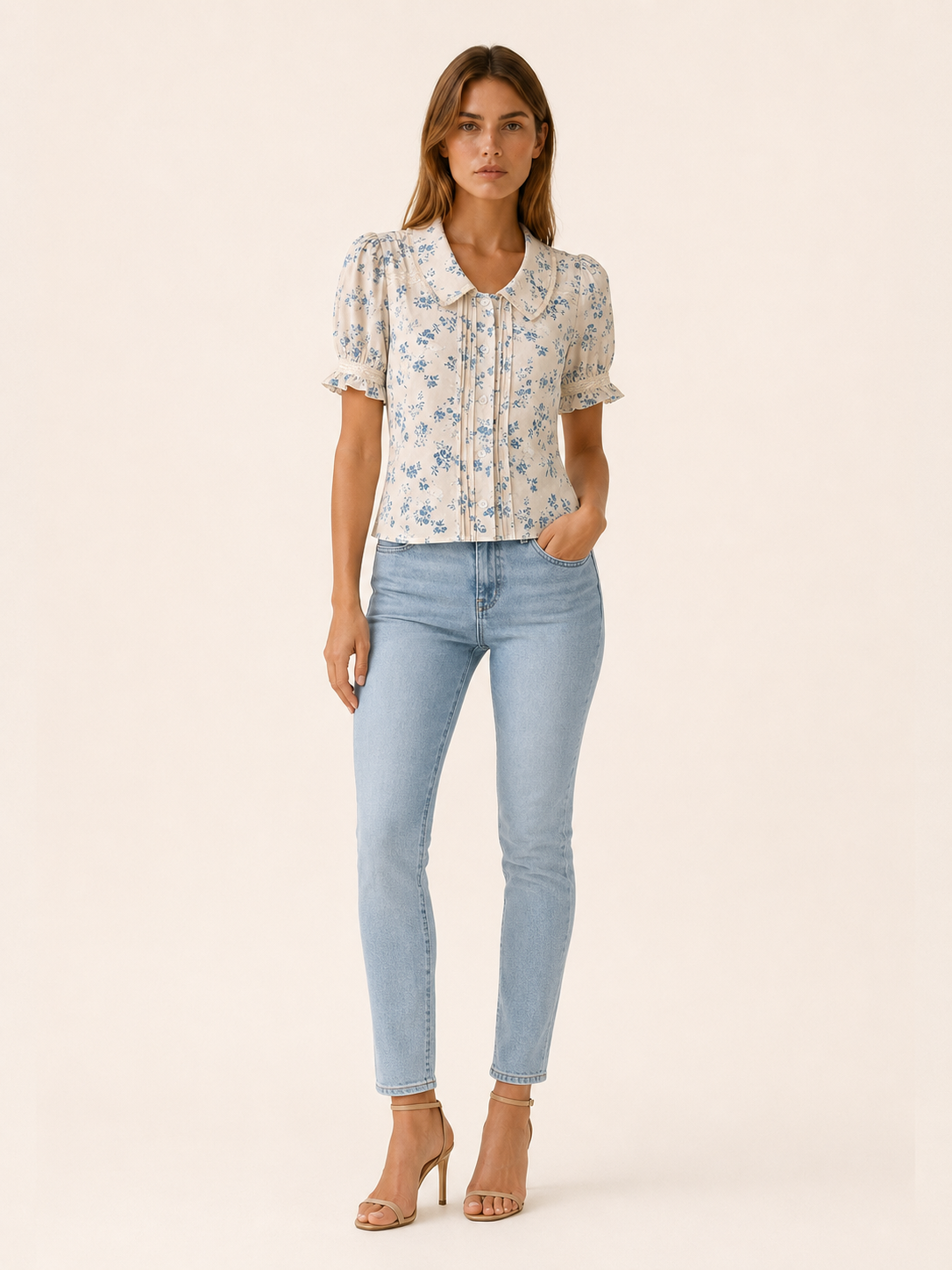 Danica | Floral Blouse with Lace Trim and Pleated Front