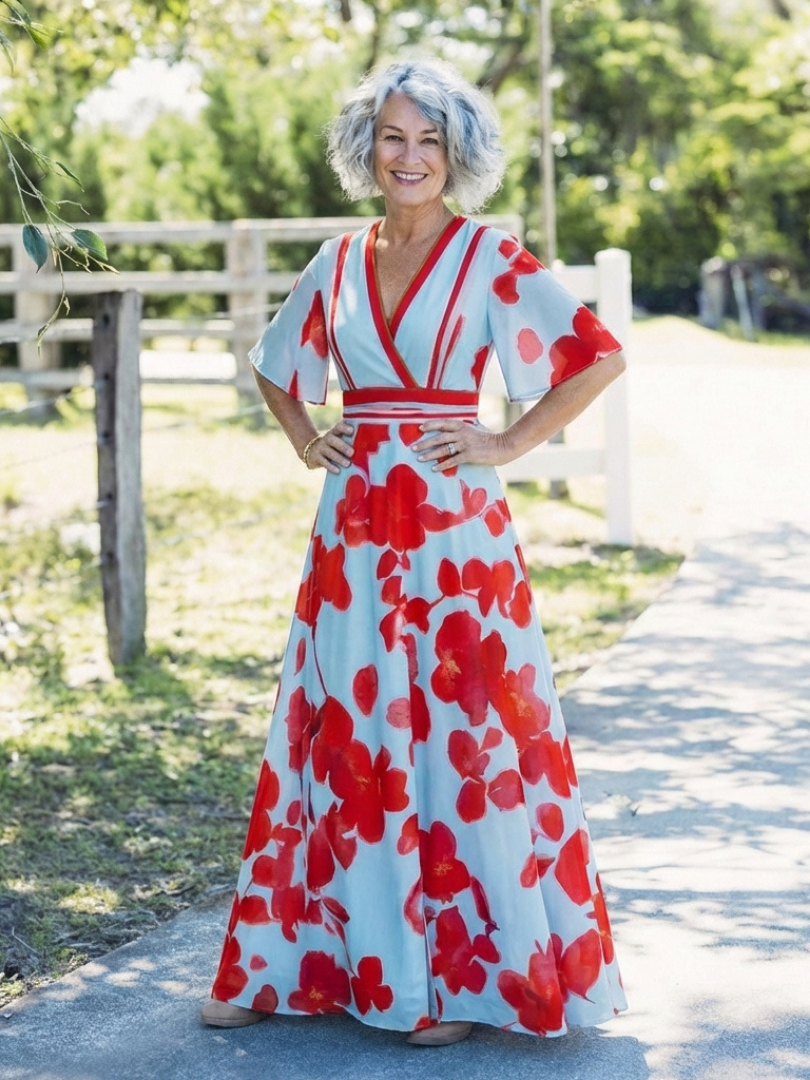 Corinne | V-aukkoinen lyhythihainen kukallinen mekko