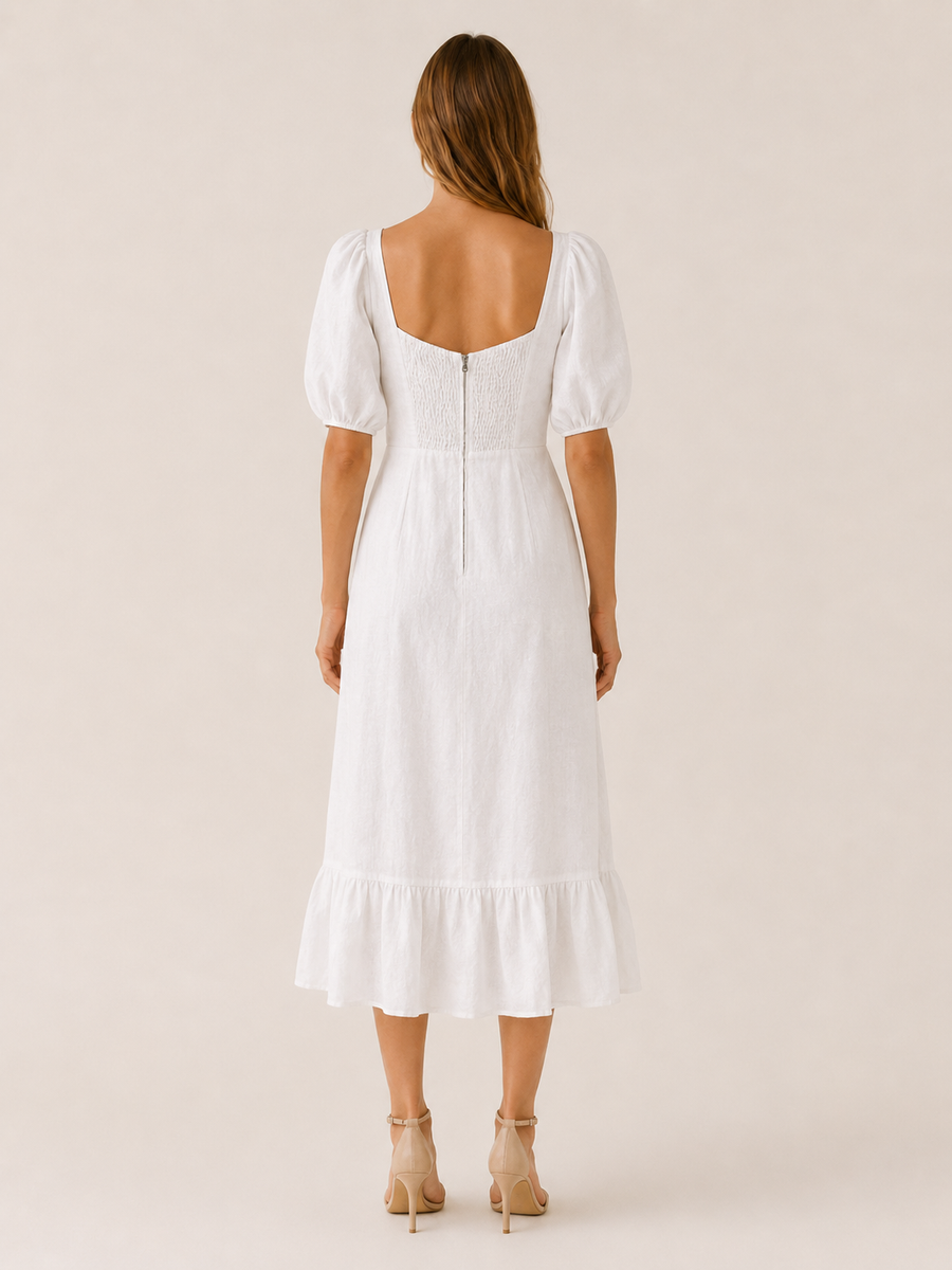 Dione | Puff Sleeve Midi Dress with Split Hem