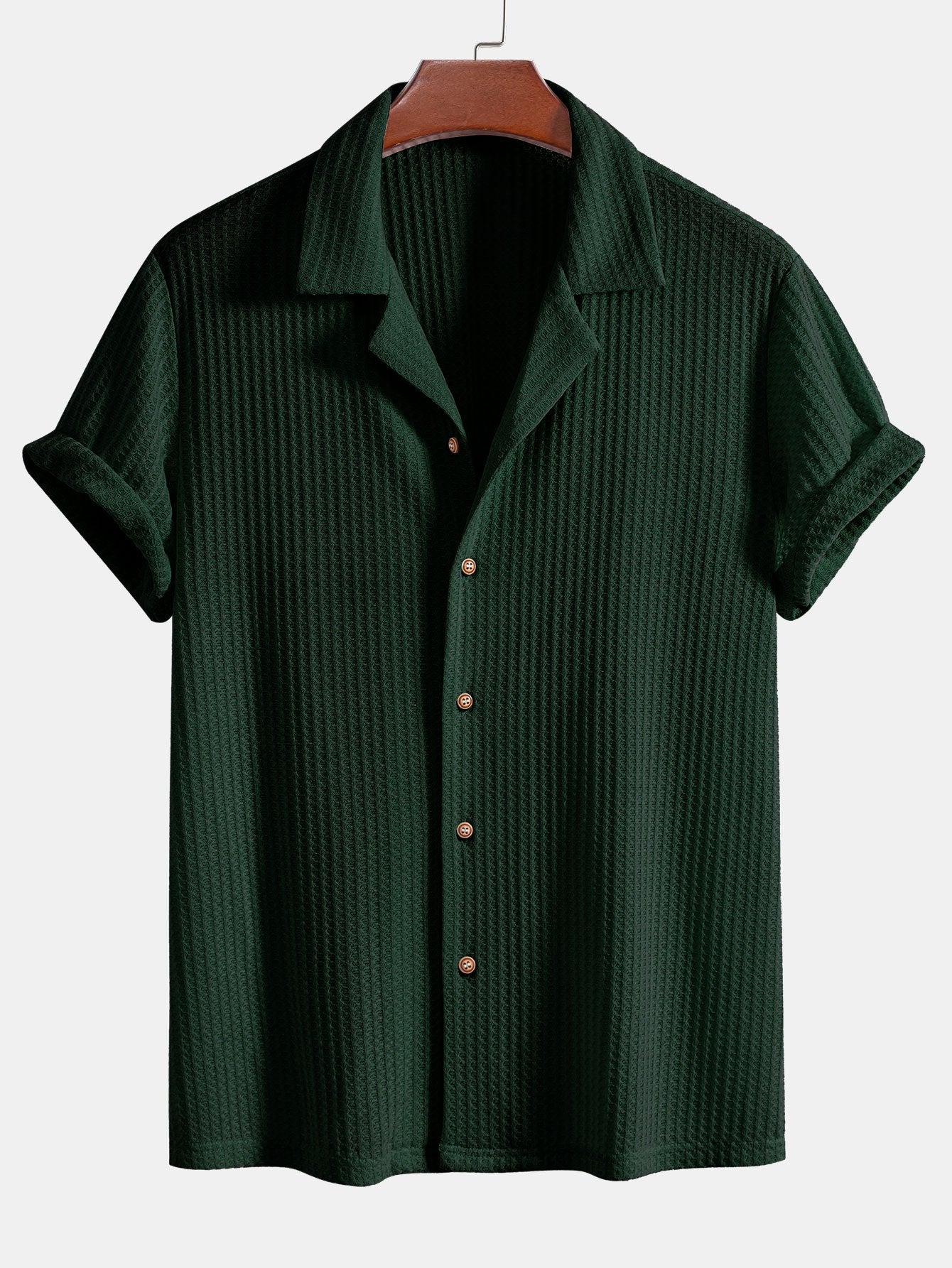 Short Sleeve Knitted Waffle Cuban Shirt & Crinkle Textured Straight Leg Pants