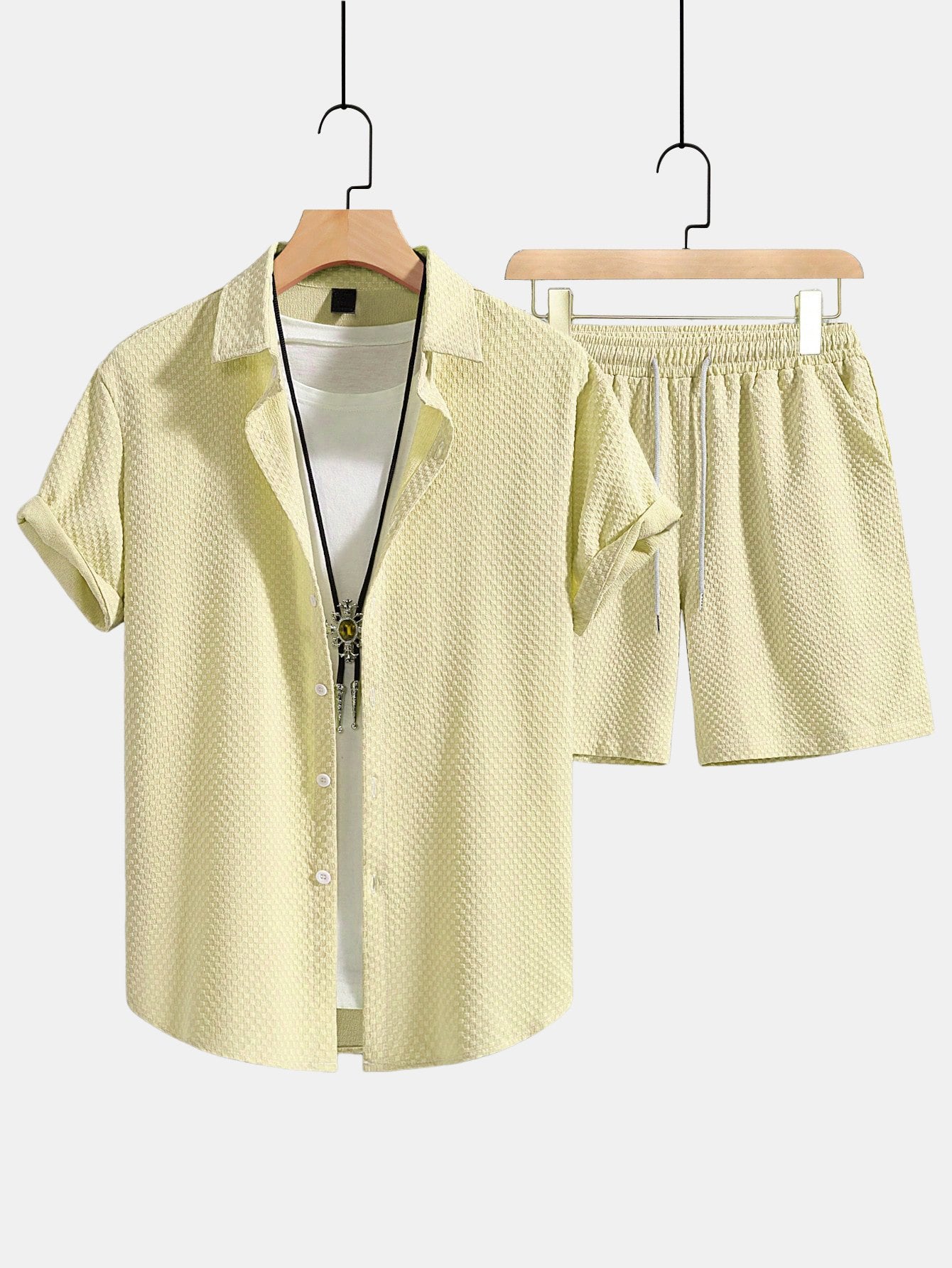 Checkerboard Texture Button Up Shirt & Drawstring Shorts