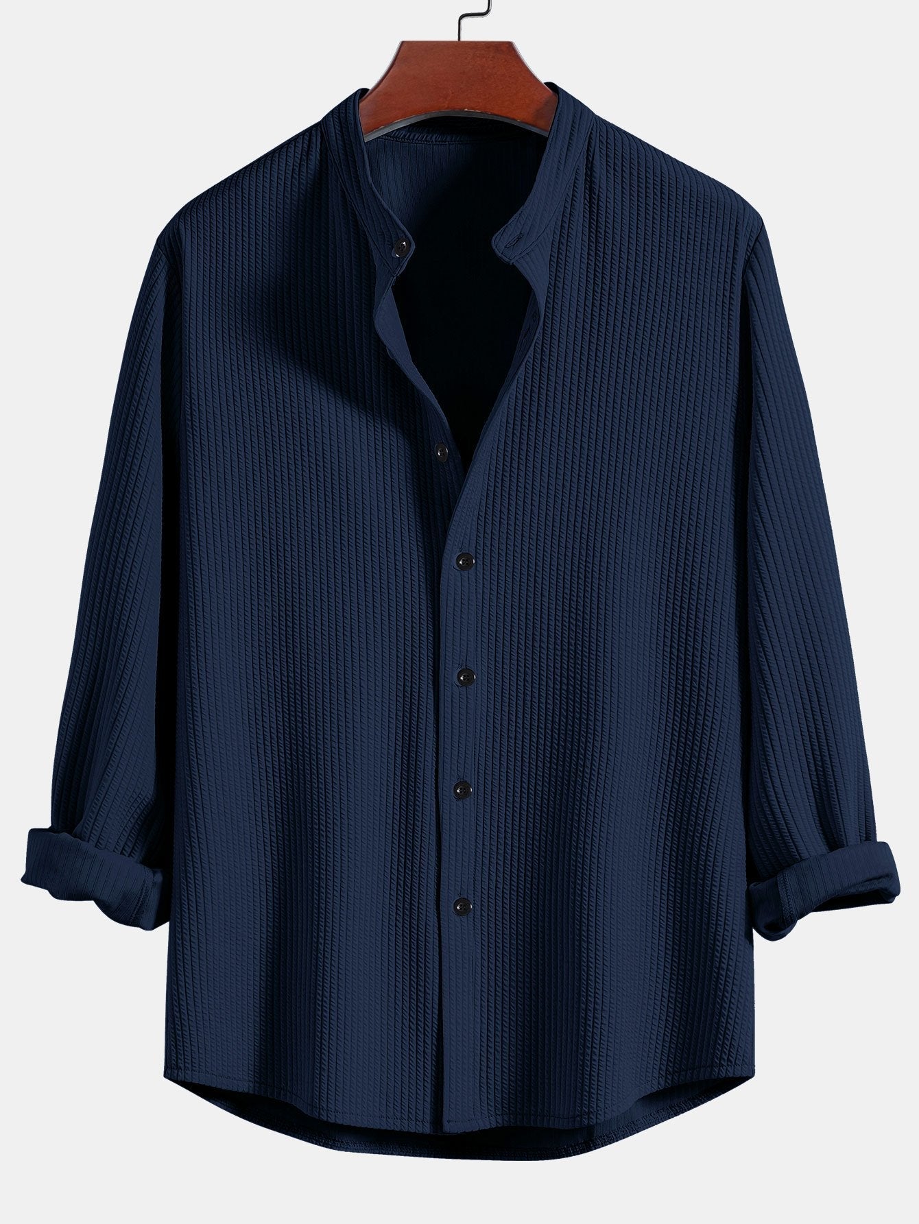 Long Sleeve Muscle Fit Ribbed Stand Collar Shirt & Straight Leg Ribbed Pants
