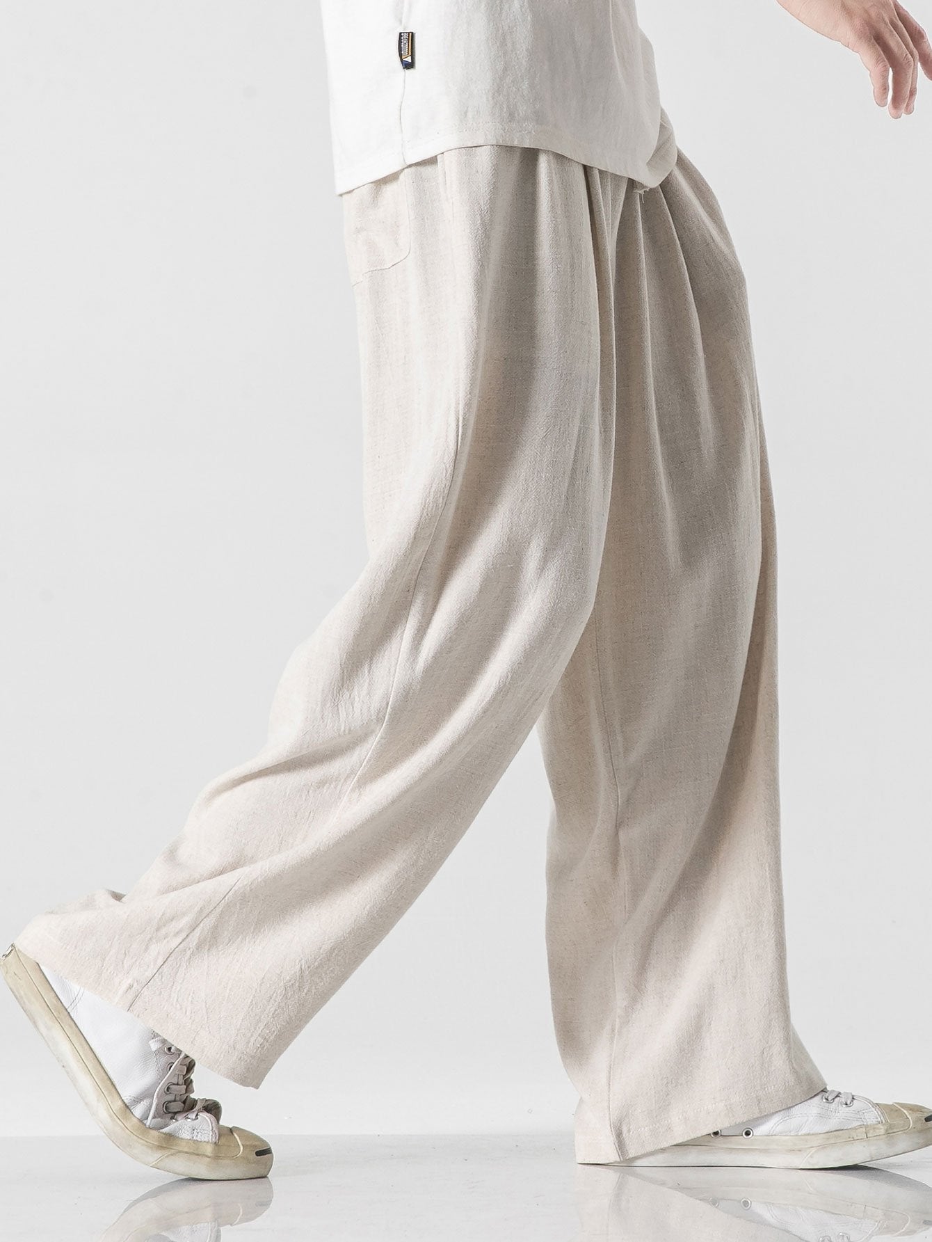 Linen And Cotton Blend Relax Fit Wide Leg Trousers