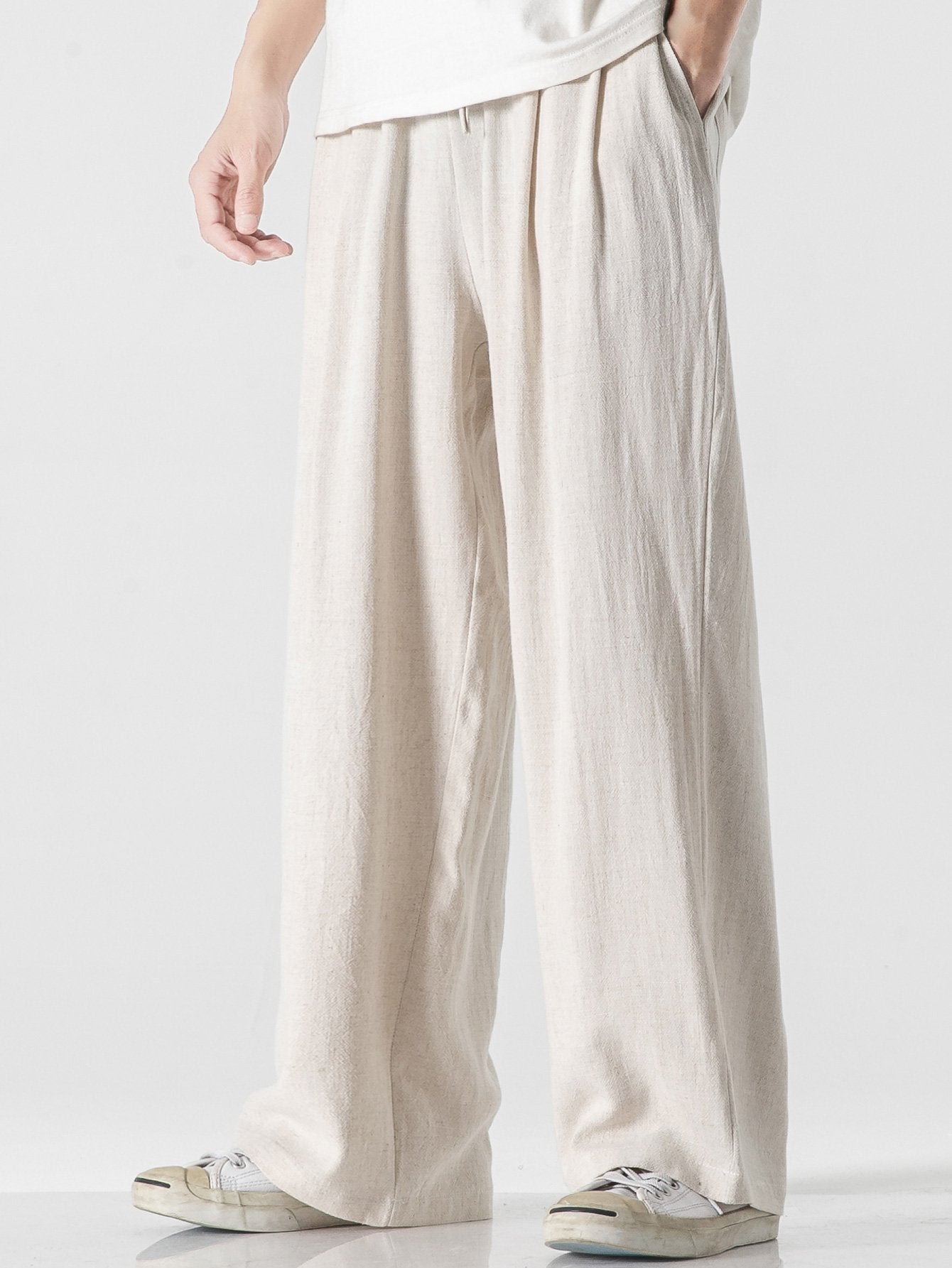 Linen And Cotton Blend Relax Fit Wide Leg Trousers