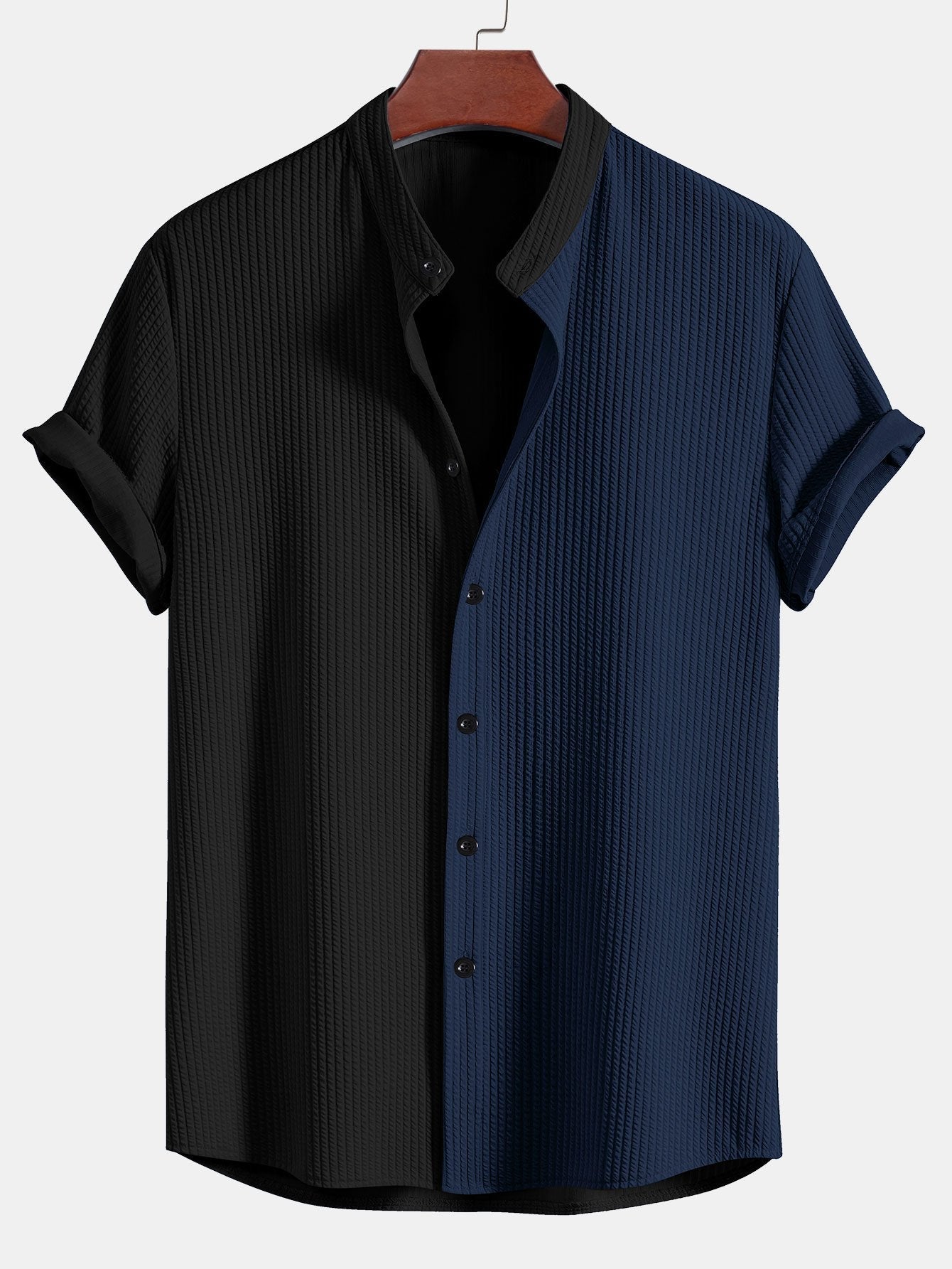 Two Tone Muscle Fit Ribbed Stand Collar Shirt & Straight Leg Ribbed Pants