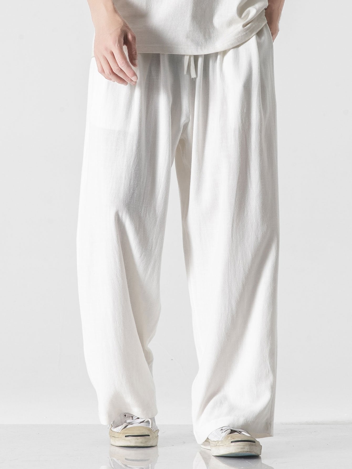 Linen And Cotton Blend Relax Fit Wide Leg Trousers
