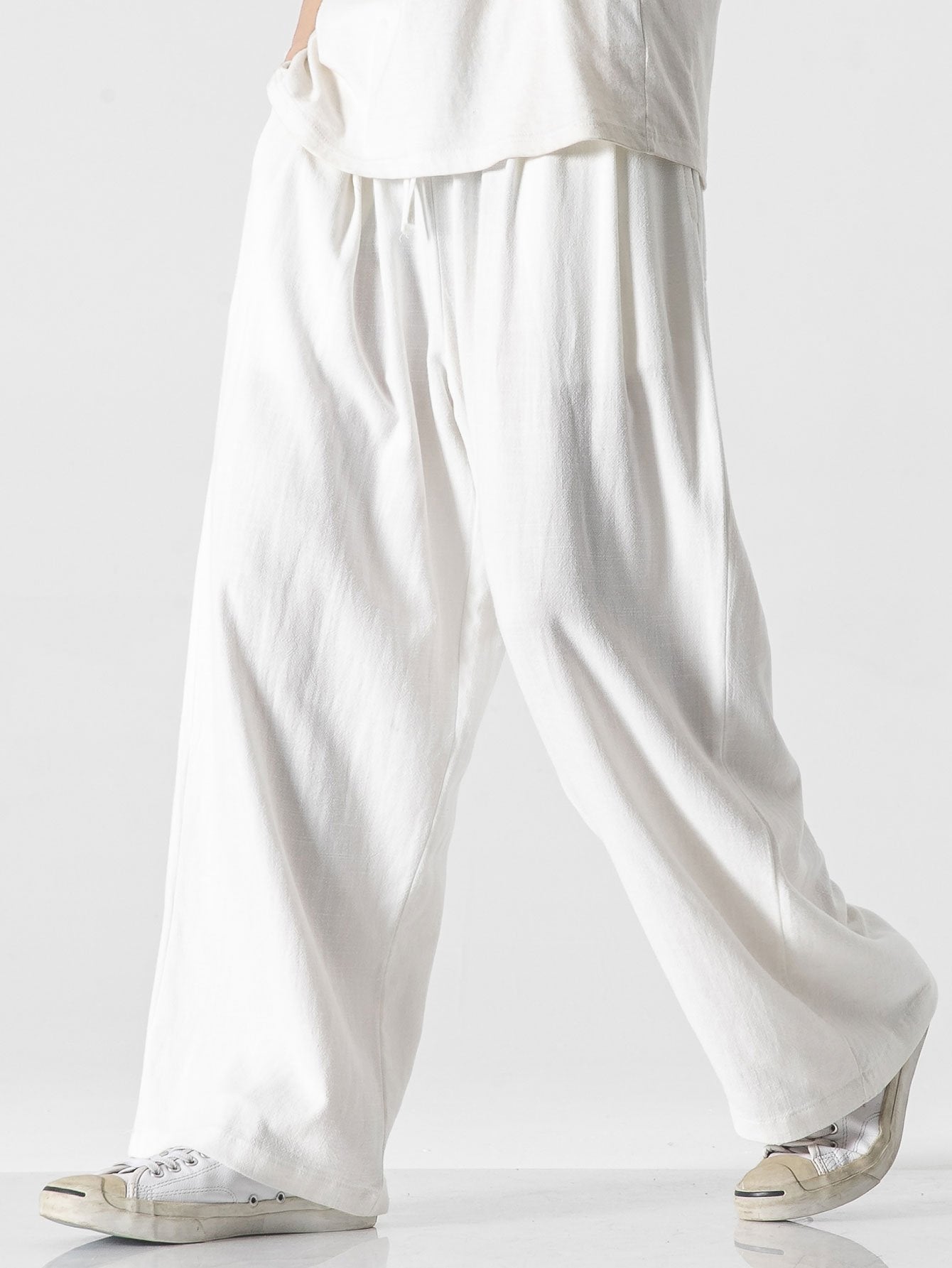 Linen And Cotton Blend Relax Fit Wide Leg Trousers