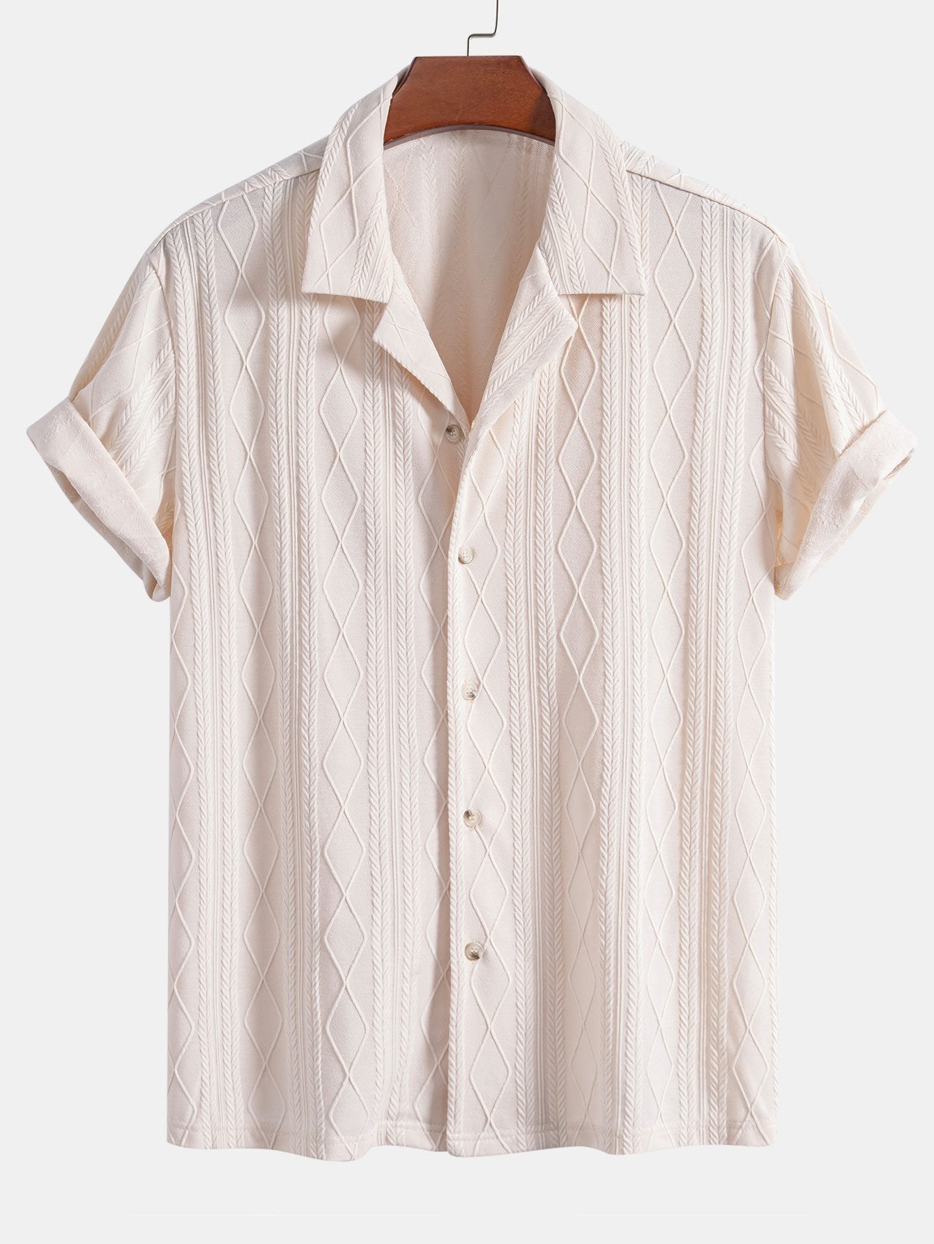 Knitted Geometric Rhombus Jacquard Cuban Shirt & Straight Leg Linen Pants