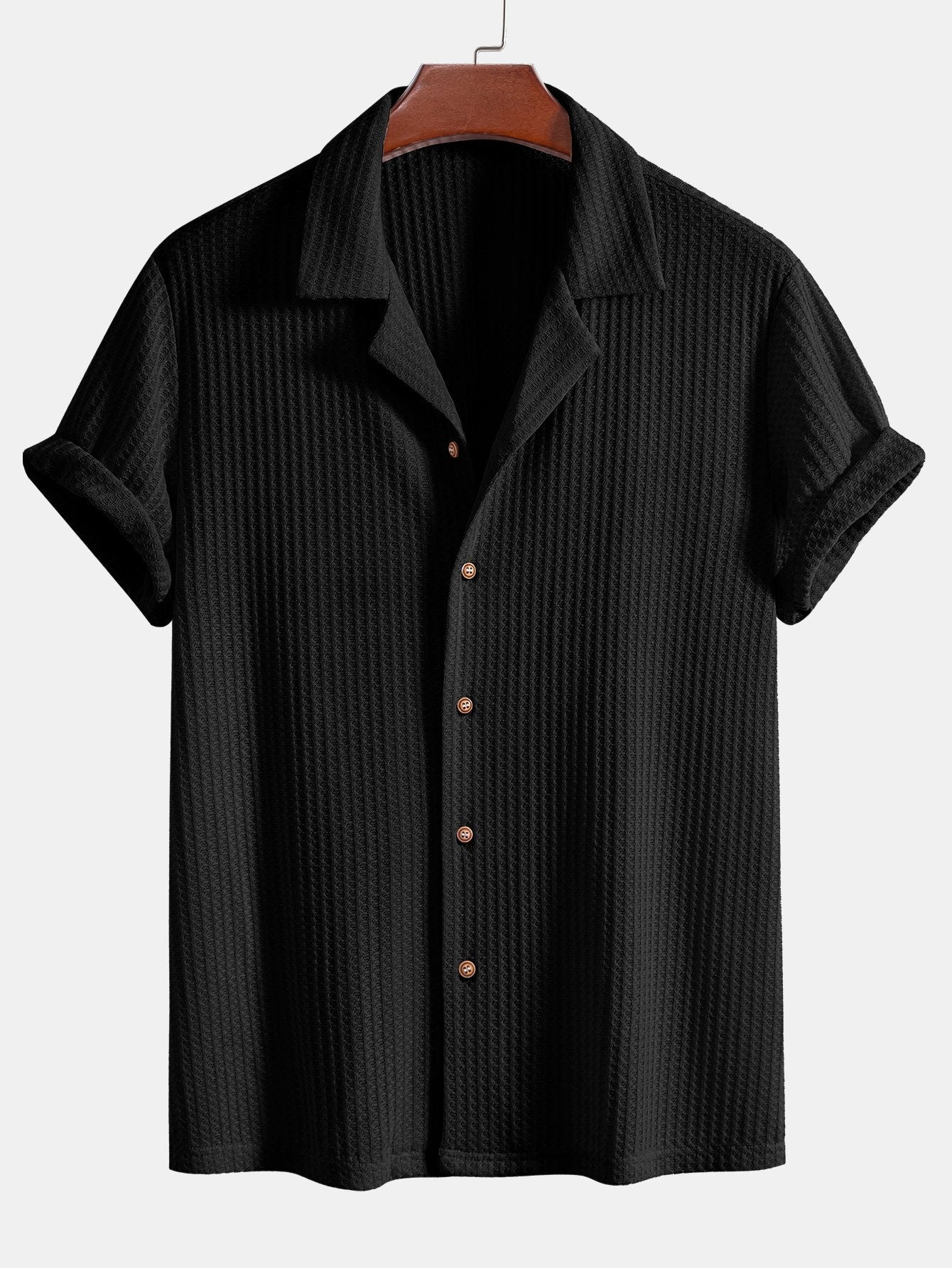 Short Sleeve Knitted Waffle Cuban Shirt & Crinkle Textured Straight Leg Pants