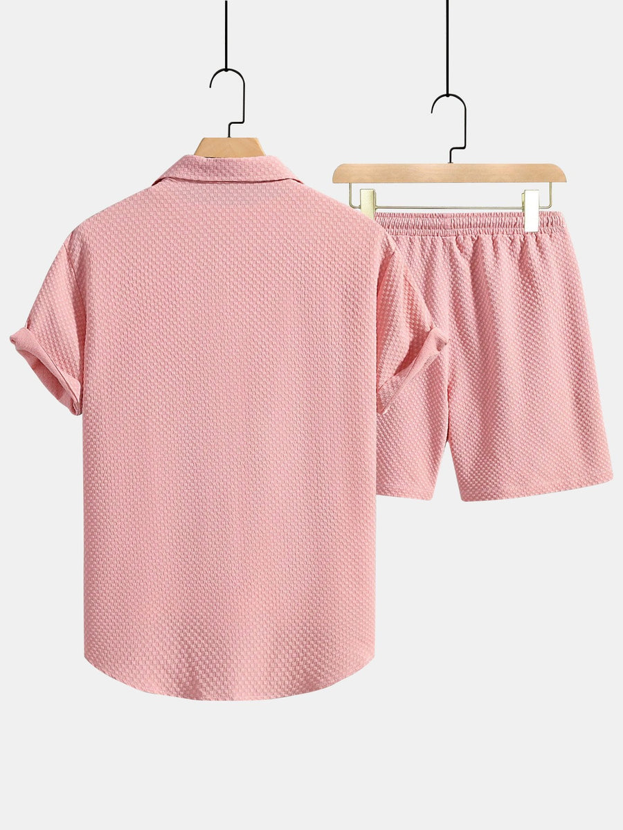 Checkerboard Texture Button Up Shirt & Drawstring Shorts