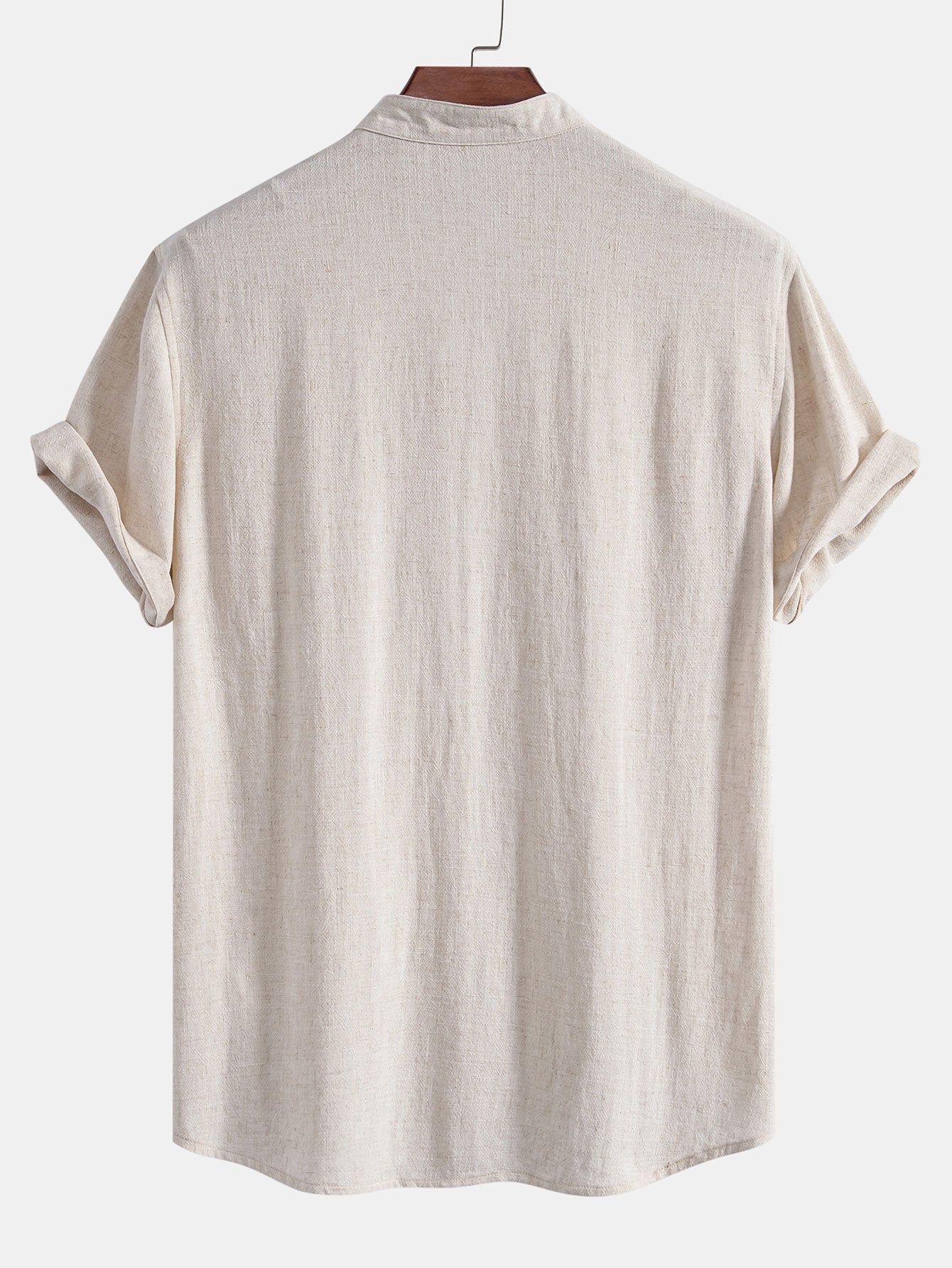 Short Sleeve V Neck Linen Rayon Blend Shirt & Linen Cotton Blend Drawstring Shorts