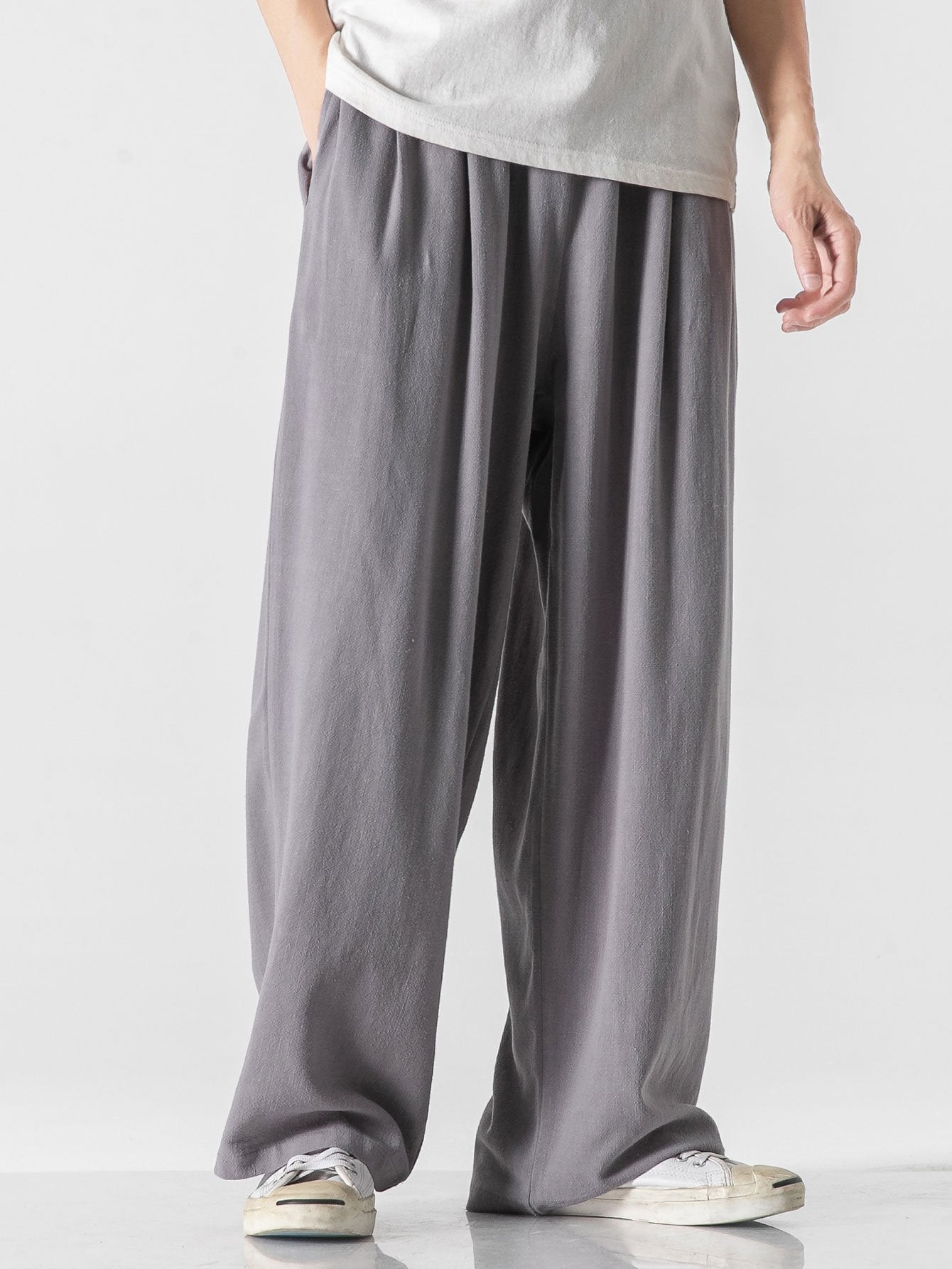 Linen And Cotton Blend Relax Fit Wide Leg Trousers