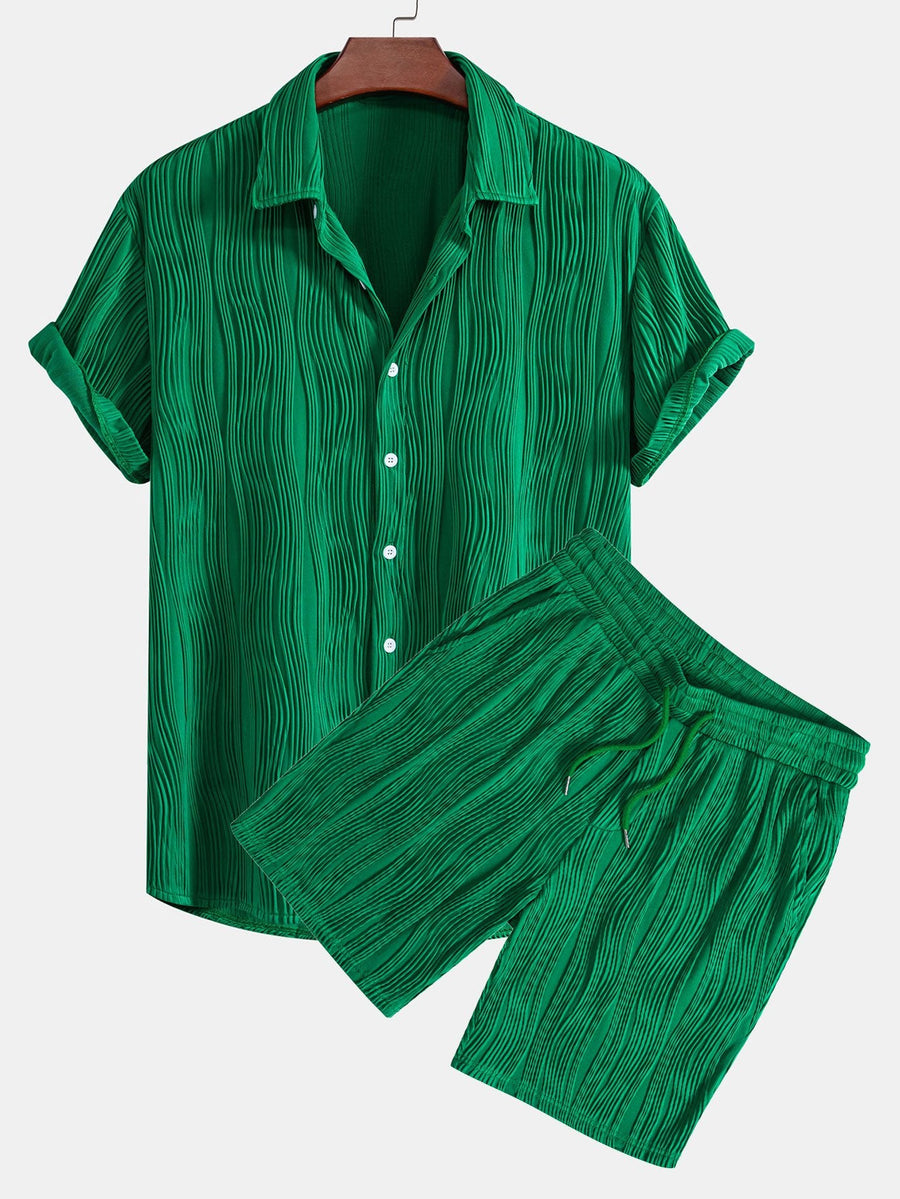 Wave Textured Button Up Shirt & Shorts