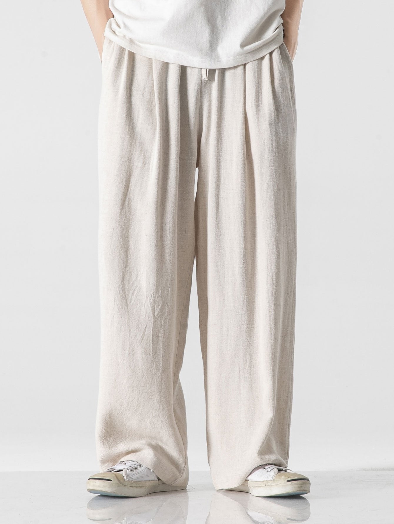Linen And Cotton Blend Relax Fit Wide Leg Trousers