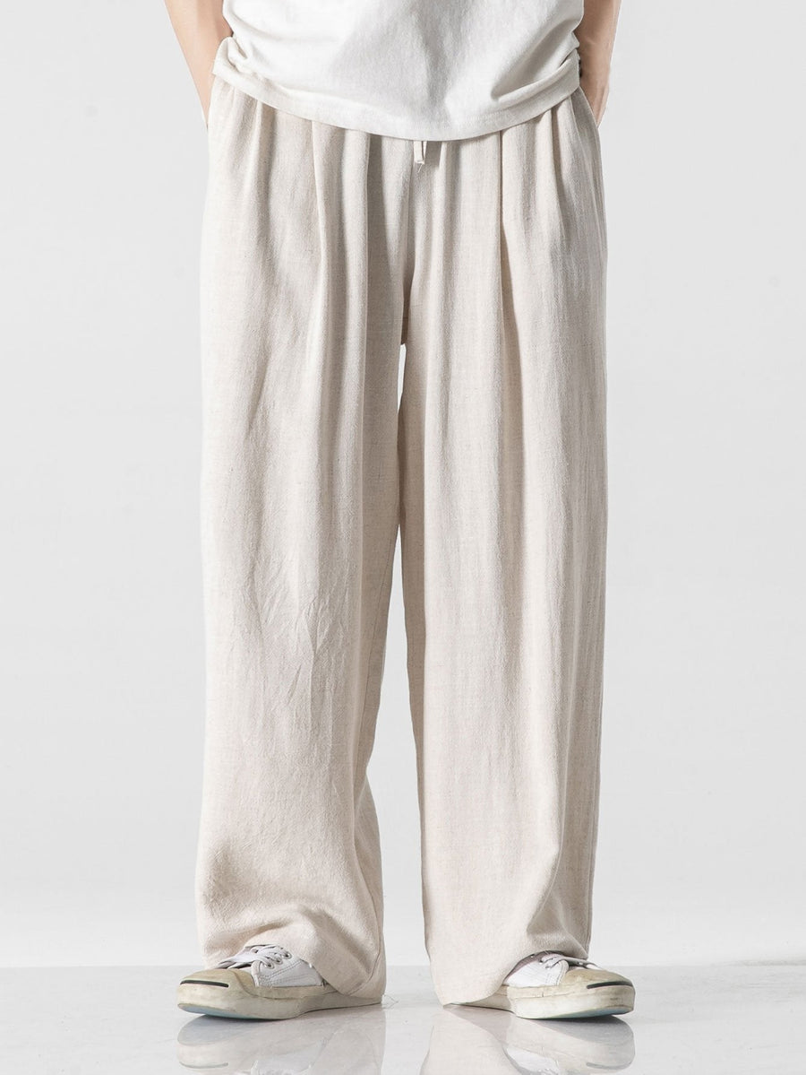 Linen And Cotton Blend Relax Fit Wide Leg Trousers
