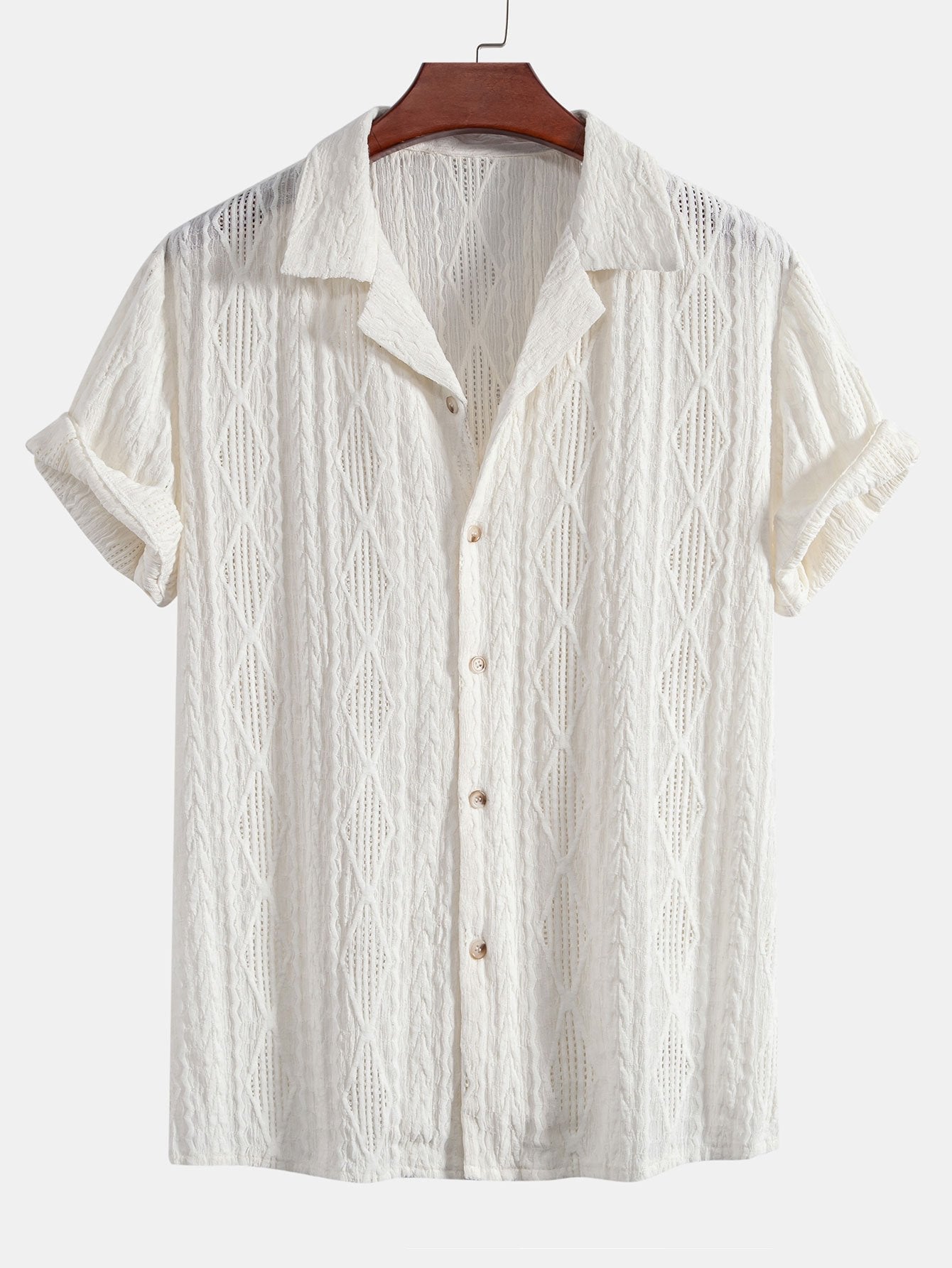 Geometric Jacquard Eyelet Cuban Shirt & Linen Drawstring Shorts