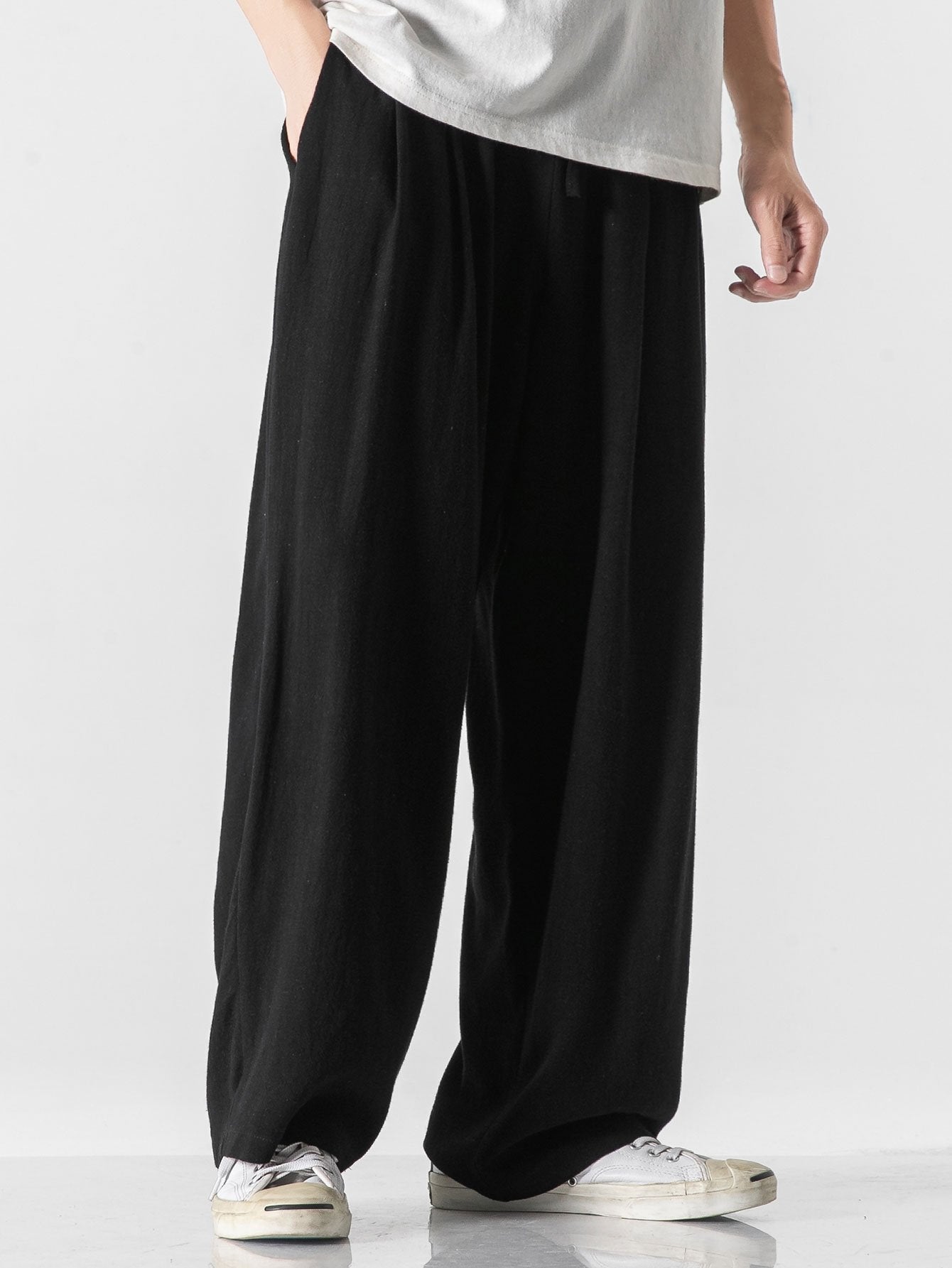 Linen And Cotton Blend Relax Fit Wide Leg Trousers