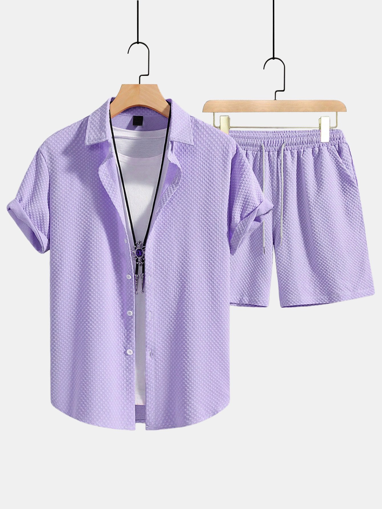 Checkerboard Texture Button Up Shirt & Drawstring Shorts