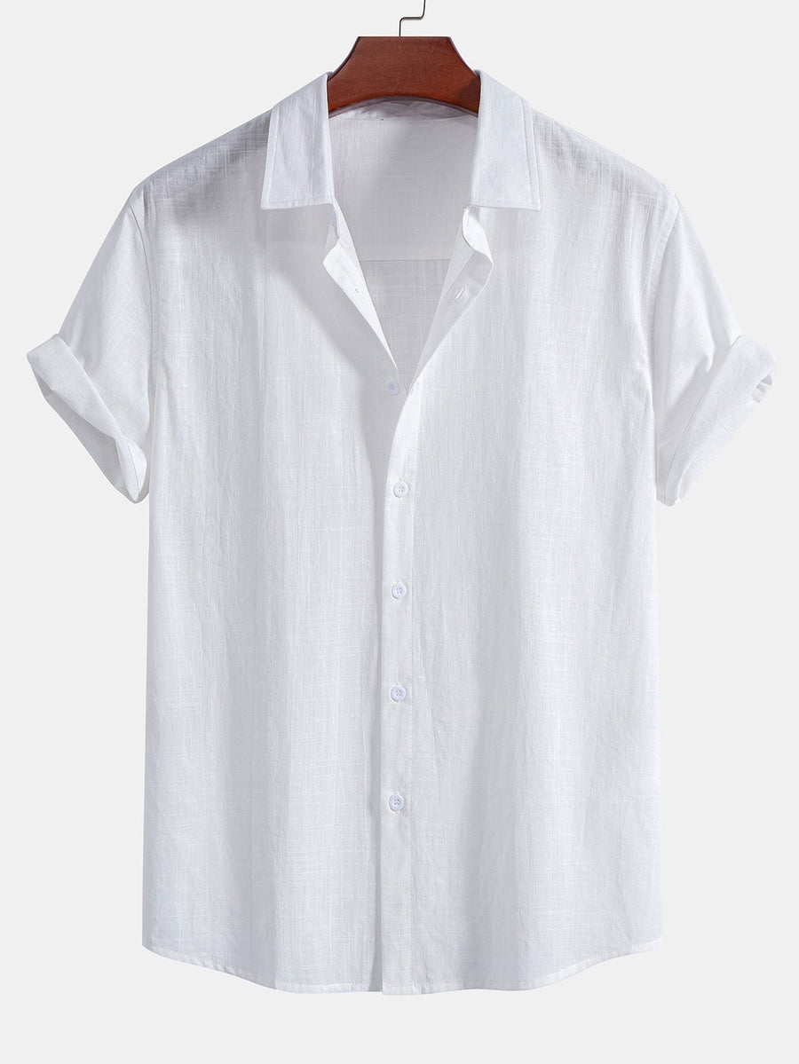 Linen Look Cotton Button Up Shirt & Stripe Print Swim Shorts