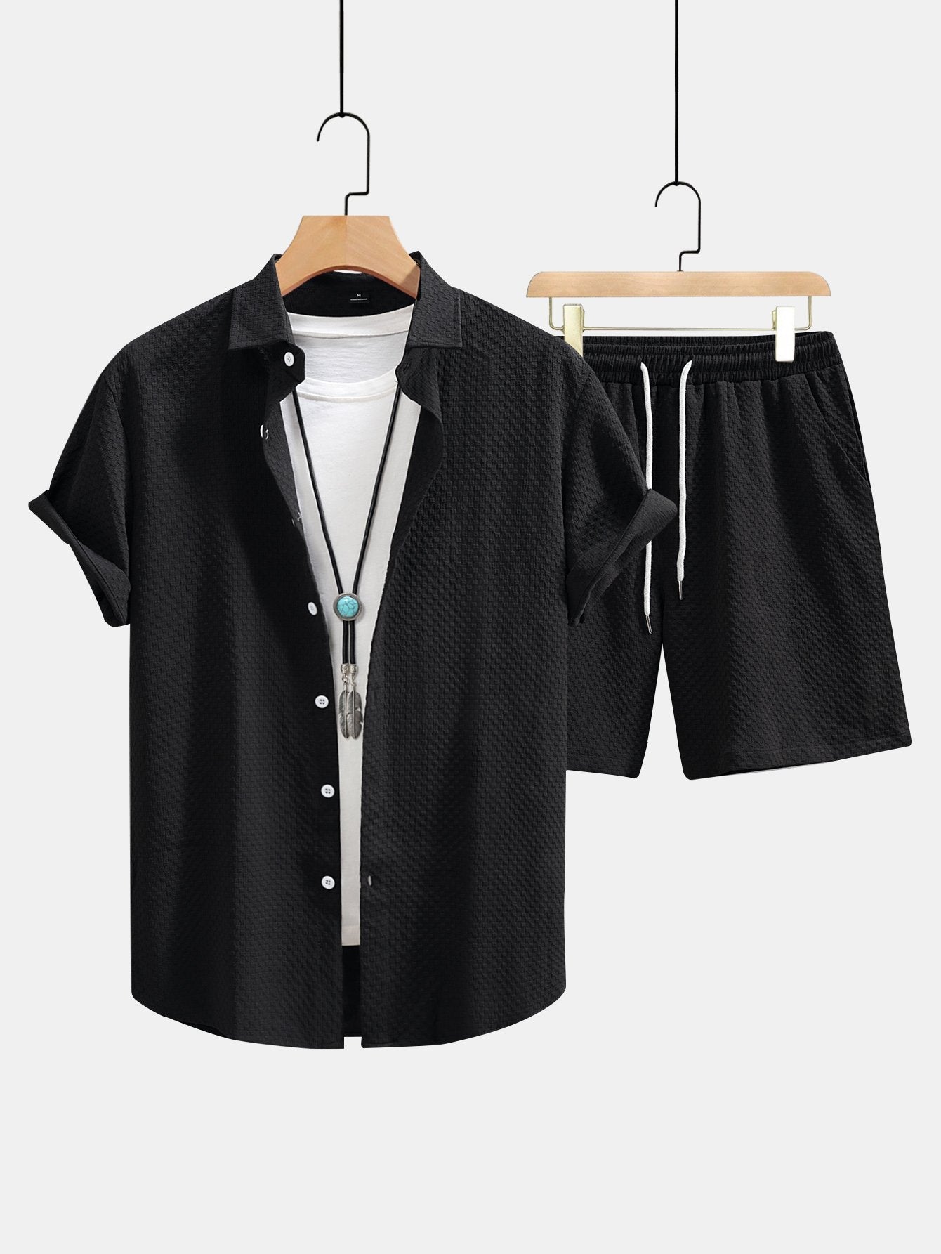 Checkerboard Texture Button Up Shirt & Drawstring Shorts