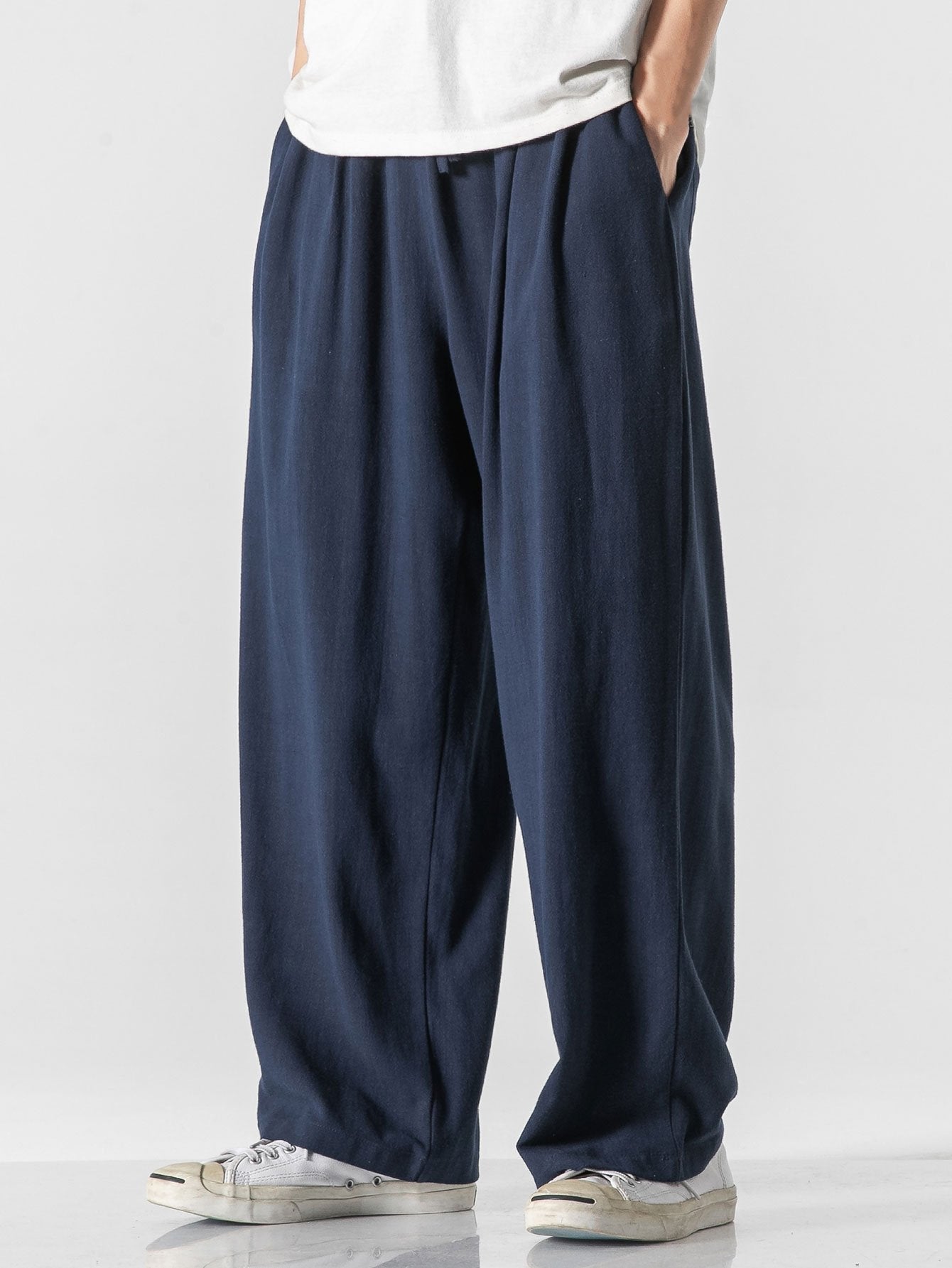 Linen And Cotton Blend Relax Fit Wide Leg Trousers