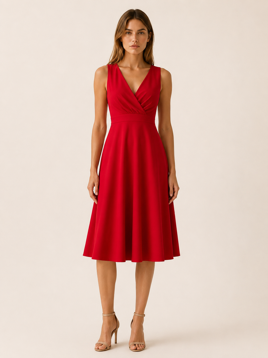 Lorna | V Neck Midi Dress with A-Line Skirt