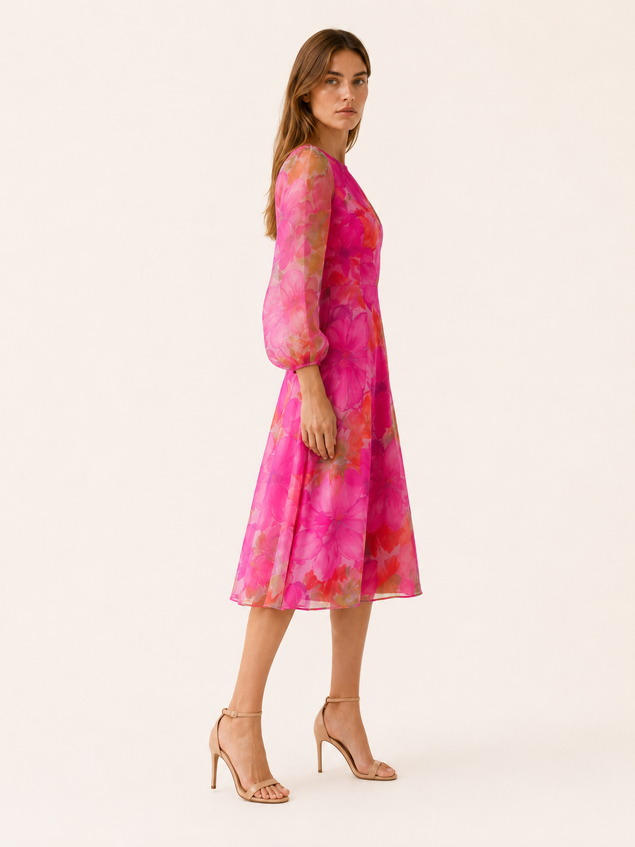 Maren | Floral Midi Dress with Sheer Long Sleeves