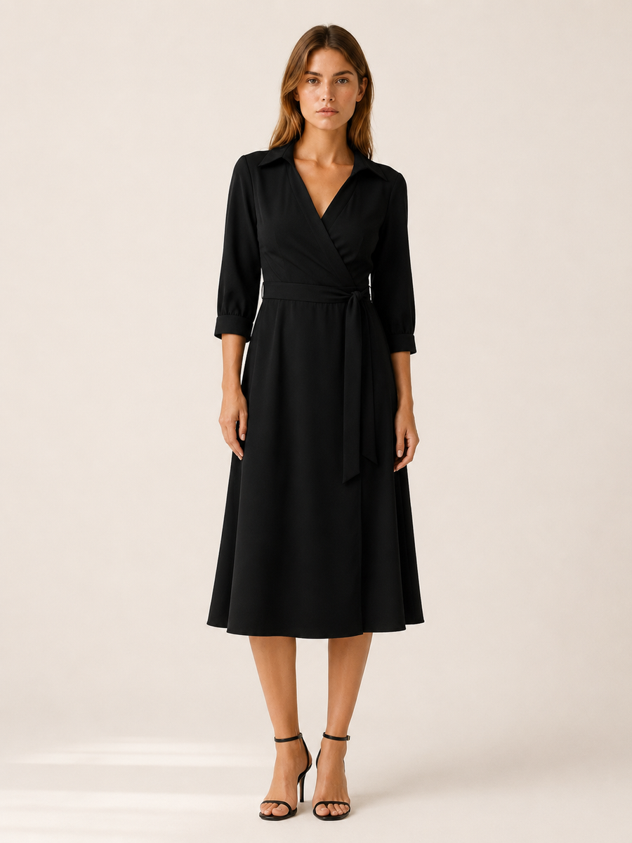 Marla | Wrap Midi Dress with Tie Waist and Collar