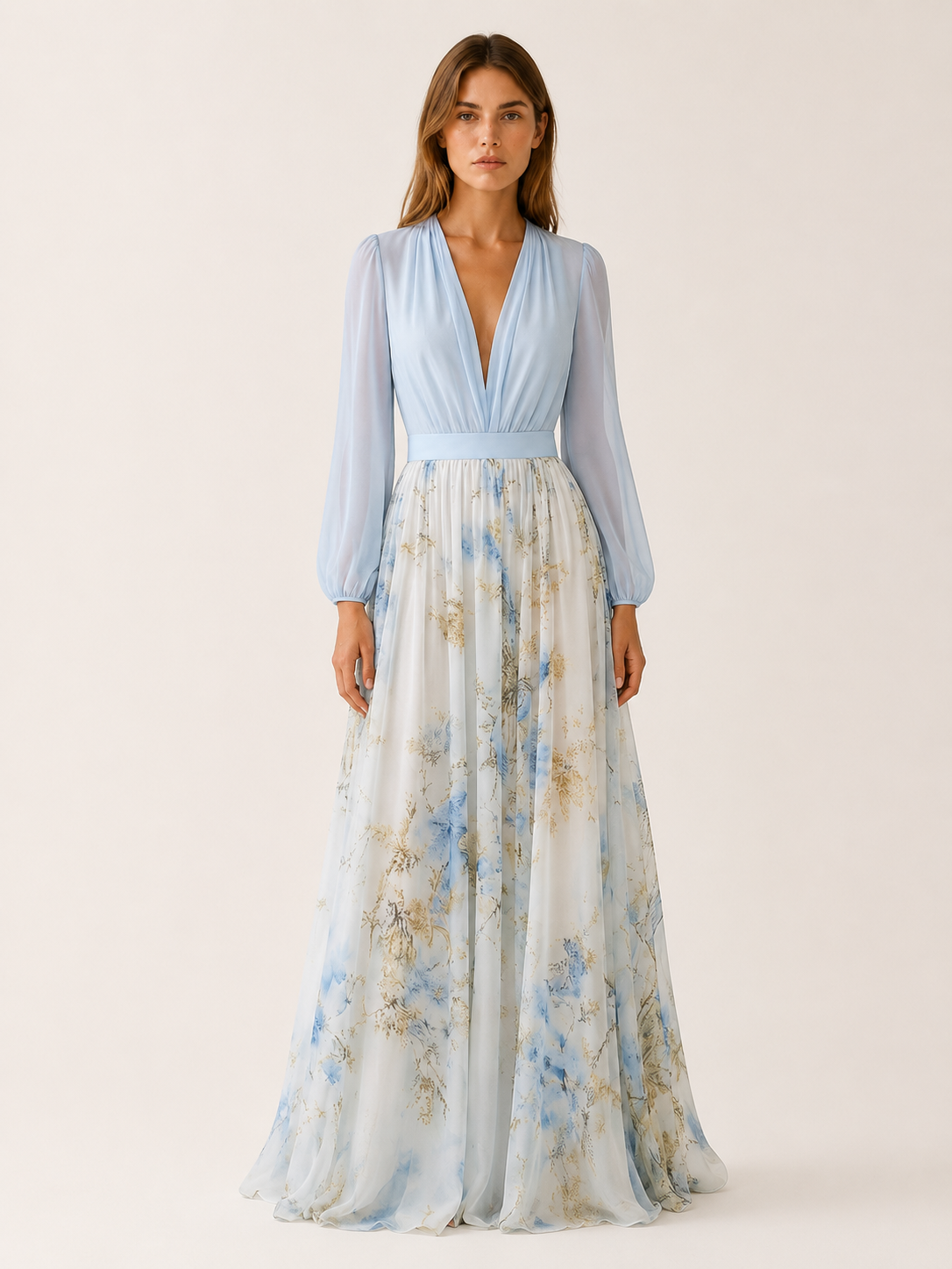 Vada | Floral Maxi Dress with V Neck and Sheer Sleeves
