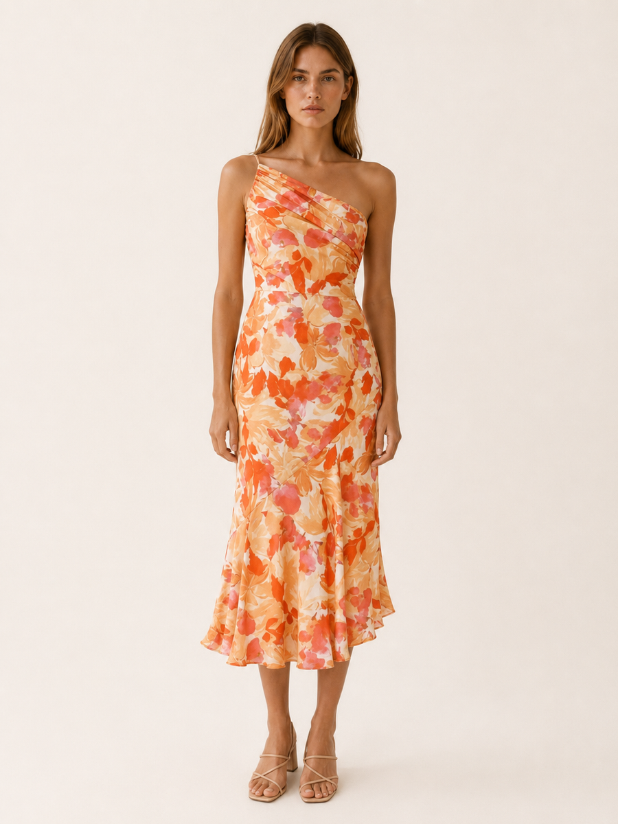 Vespera | Floral Midi Dress with One Shoulder Cut