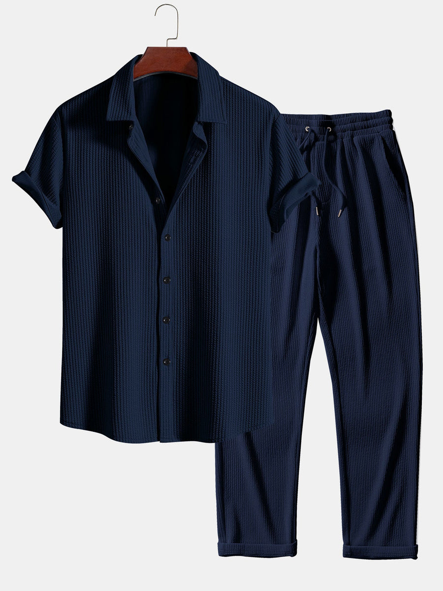 Muscle Fit Ribbed Button Up Shirt & Straight Leg Ribbed Pants