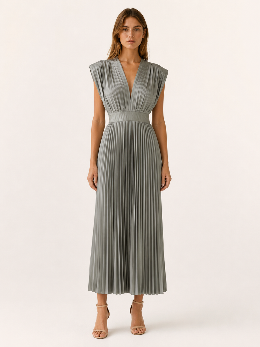 Zosia | Pleated Midi Dress with V Neck